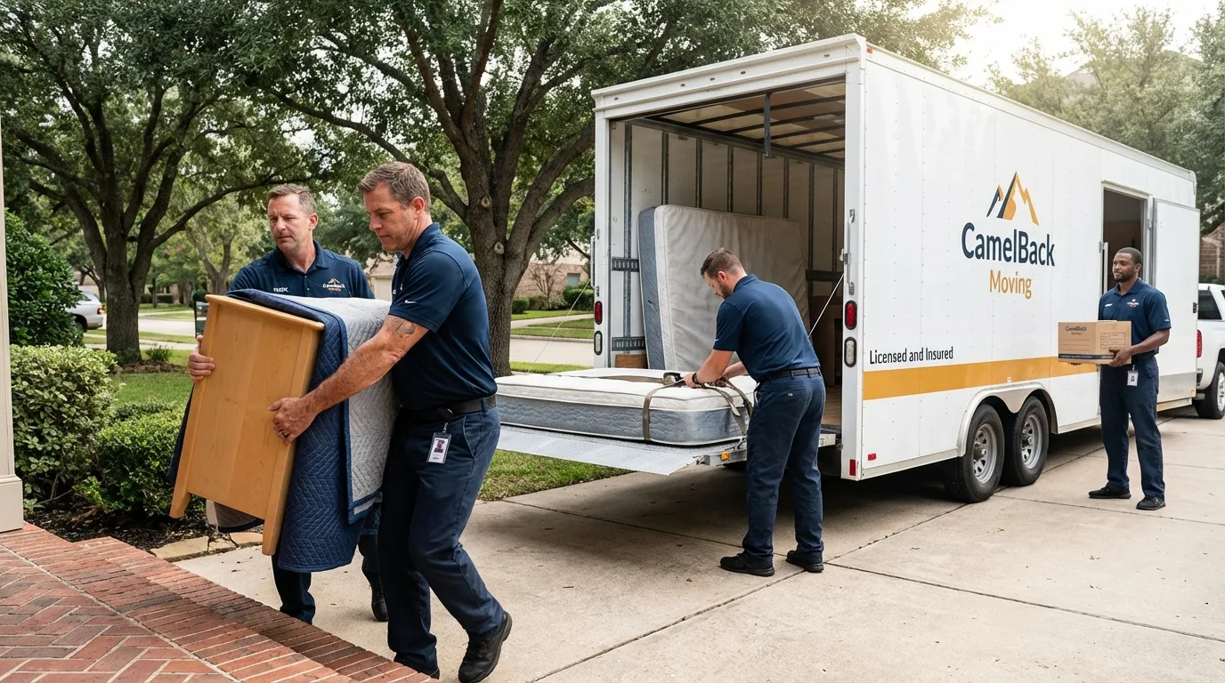 Crew loading residential truck for cross-state move from Maple Lake, MN